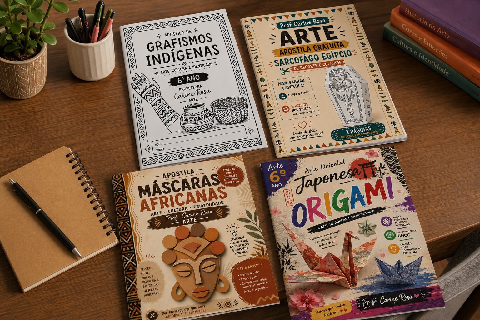 Apostilas de Grafismos Indígenas, Sarcófago Egípcio, Máscaras Africanas e Origami, da professora Carine Rosa